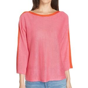 Eileen Fisher‎ Organic 100% Linen Boat-Neck Top Pink Orange Trim Medium